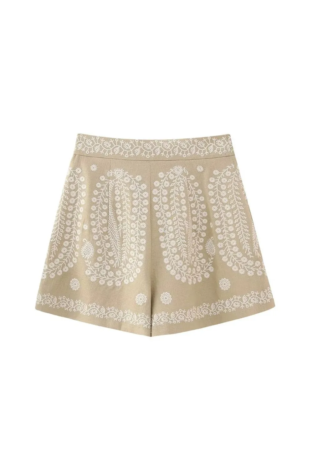 'Audrey' Embroidered High-Waisted Straight-Leg Shorts