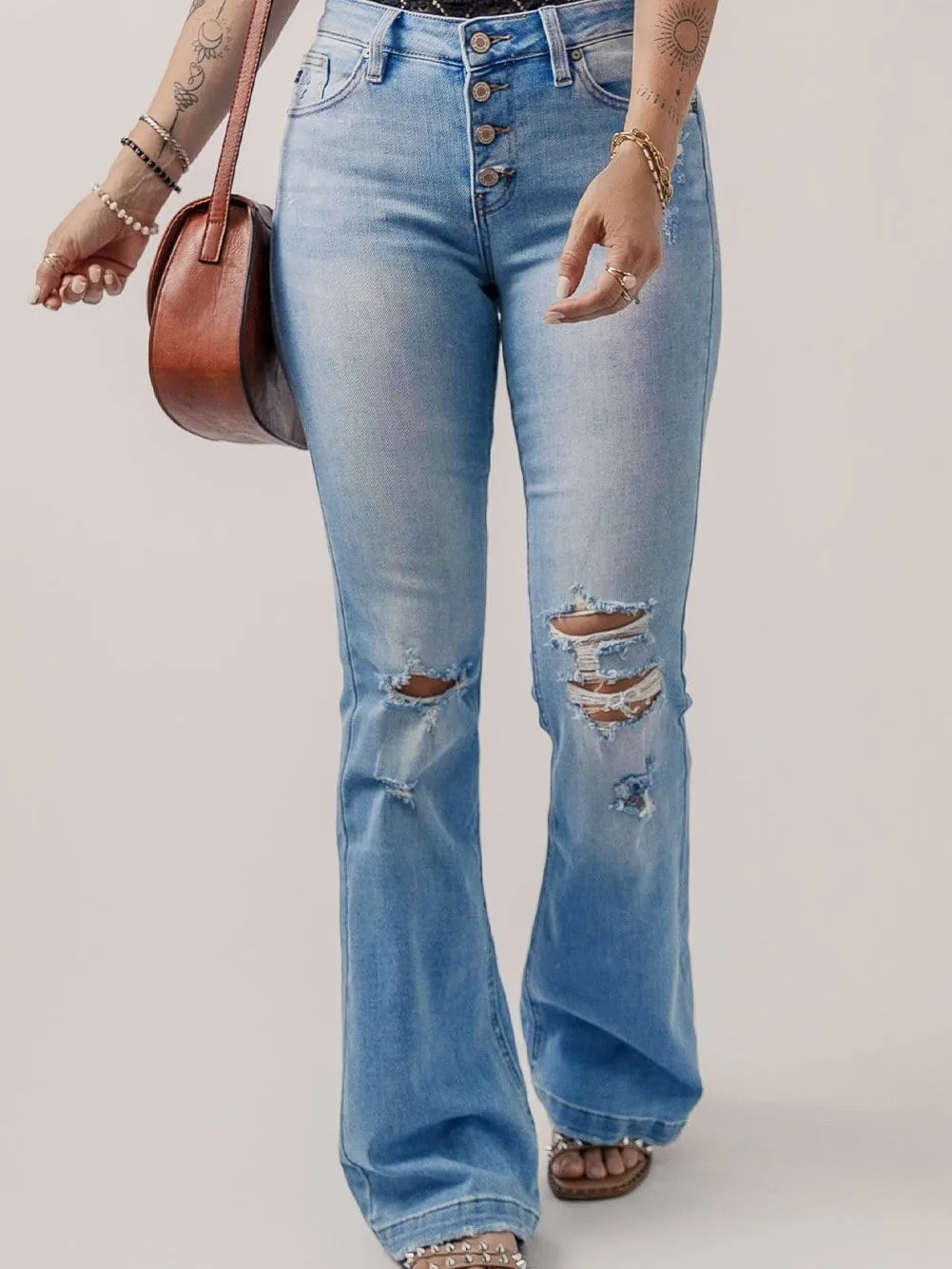 Beau Blue High Rise Distressed Button Fly Flare Jeans