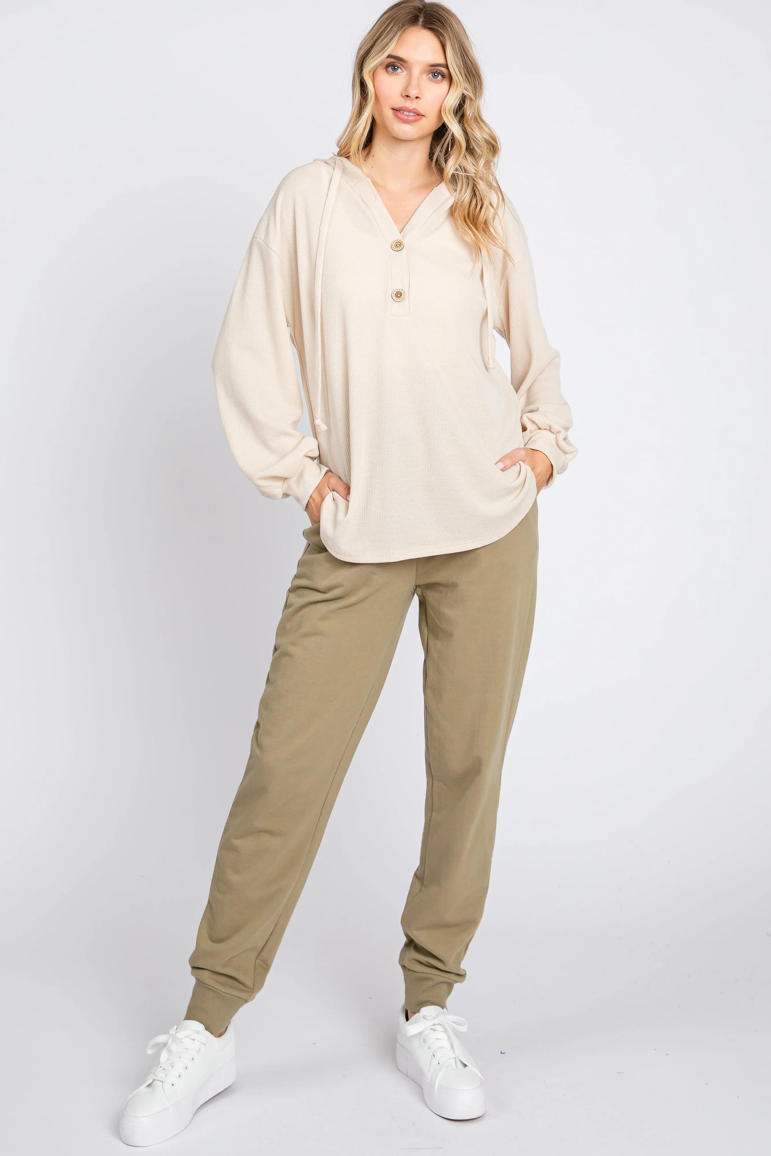 Beige Button Accent Hooded Henley Top