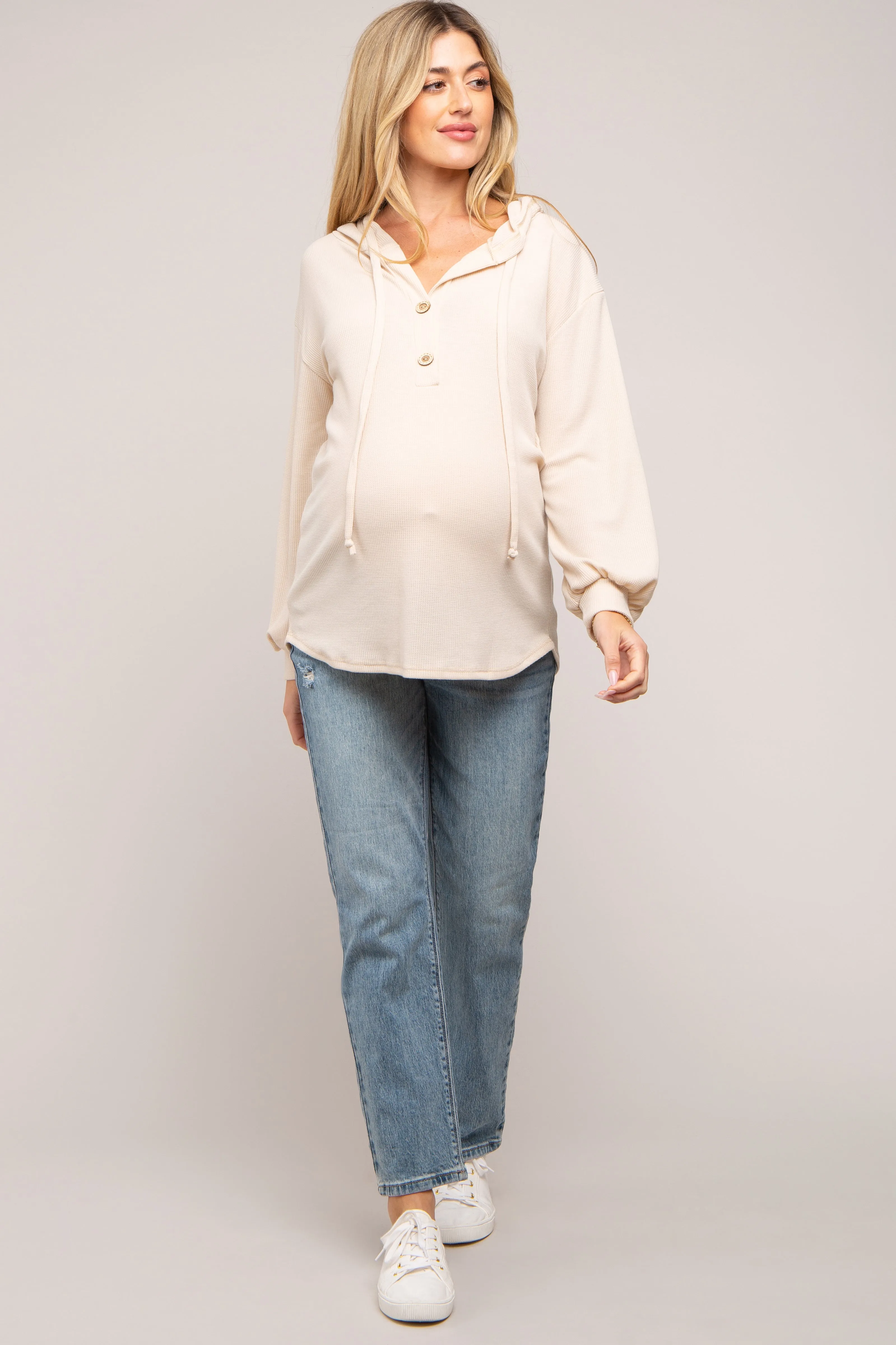 Beige Button Accent Hooded Maternity Henley Top