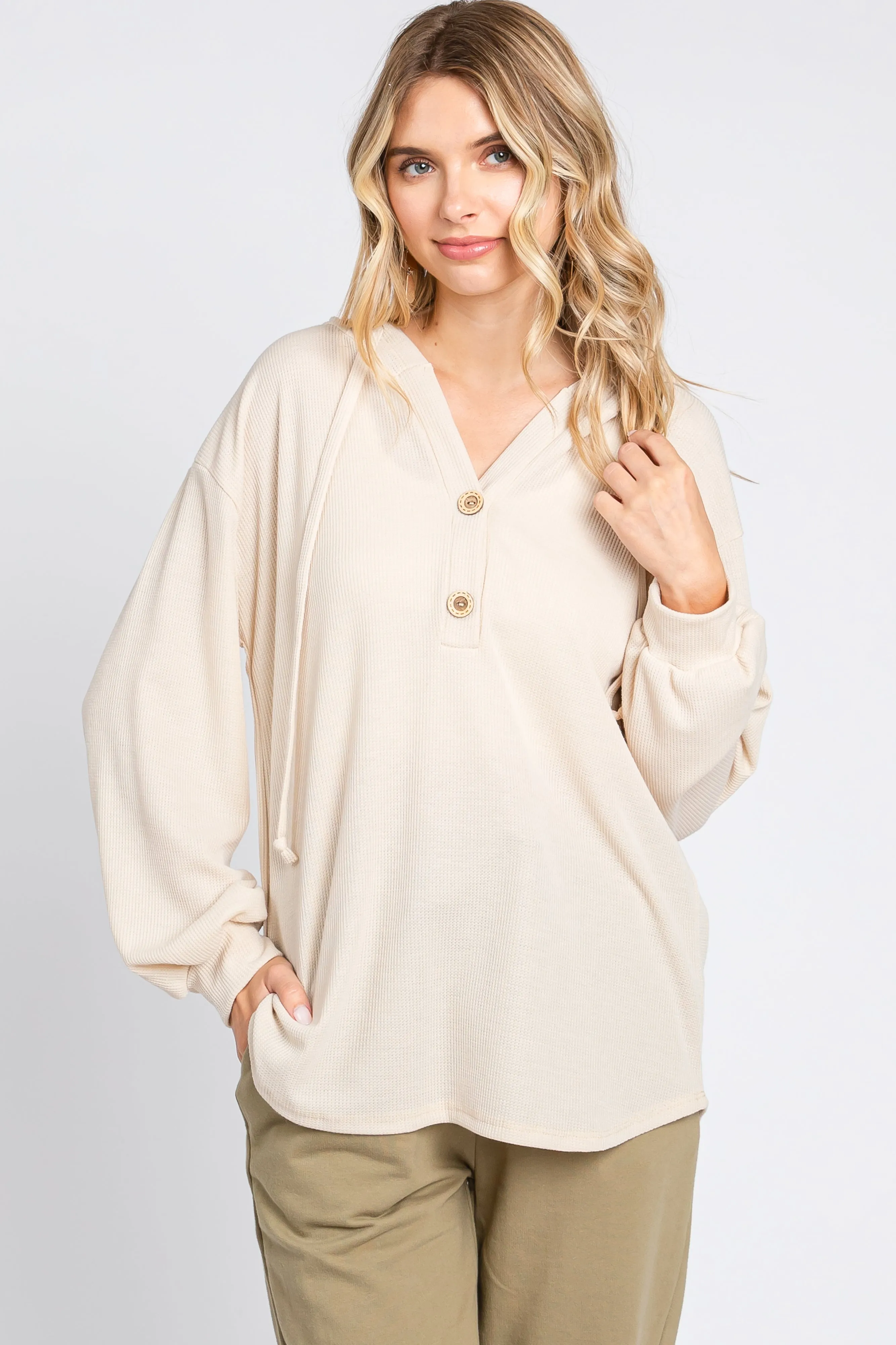 Beige Button Accent Hooded Maternity Henley Top