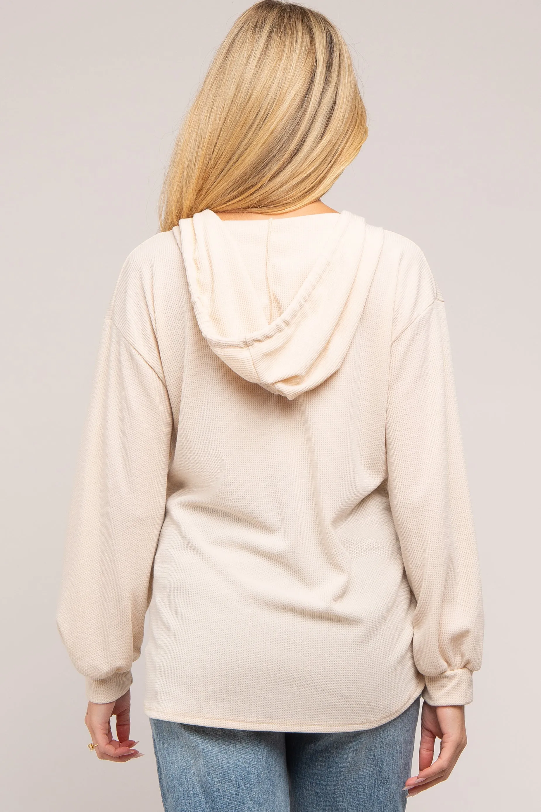 Beige Button Accent Hooded Maternity Henley Top