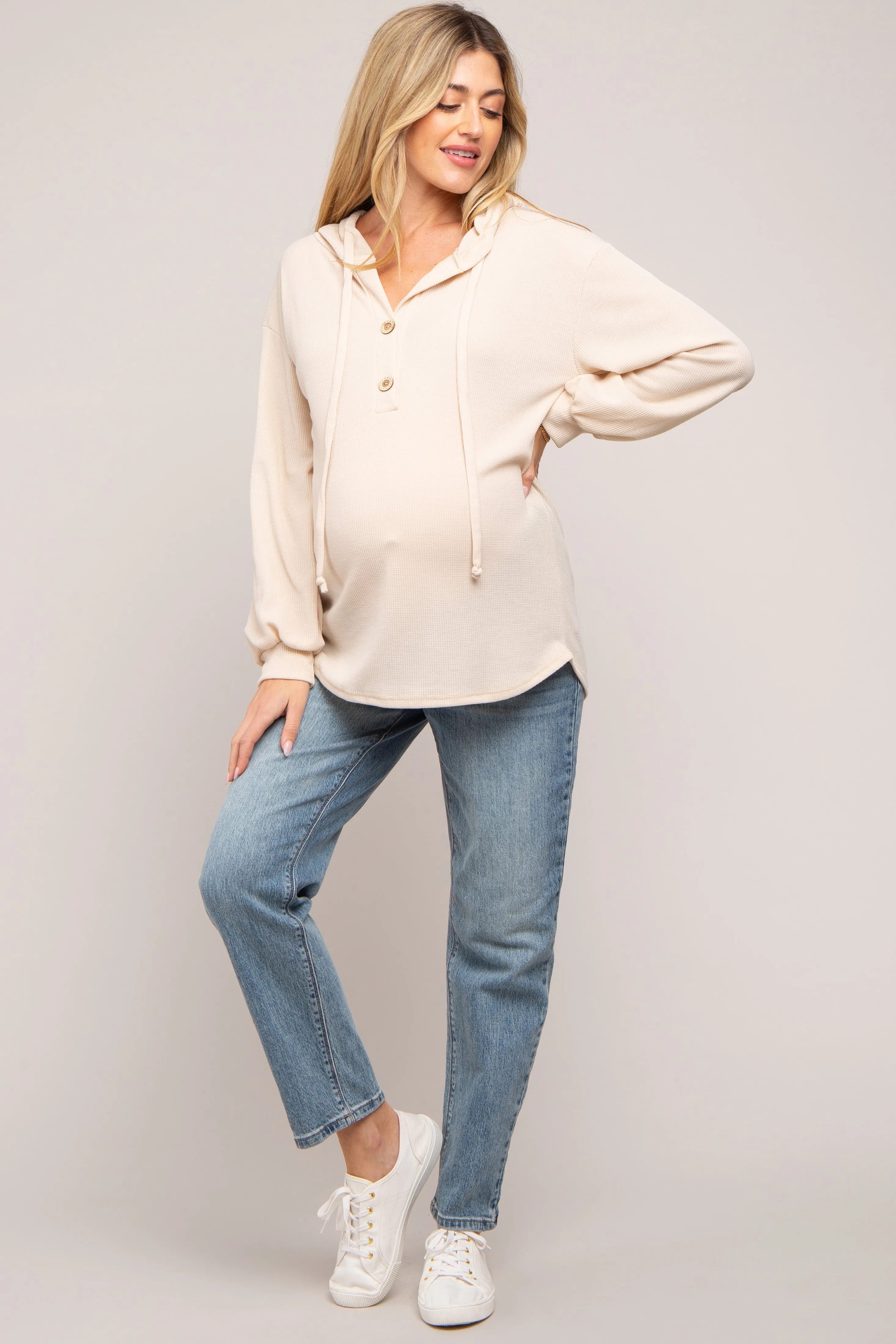 Beige Button Accent Hooded Maternity Henley Top