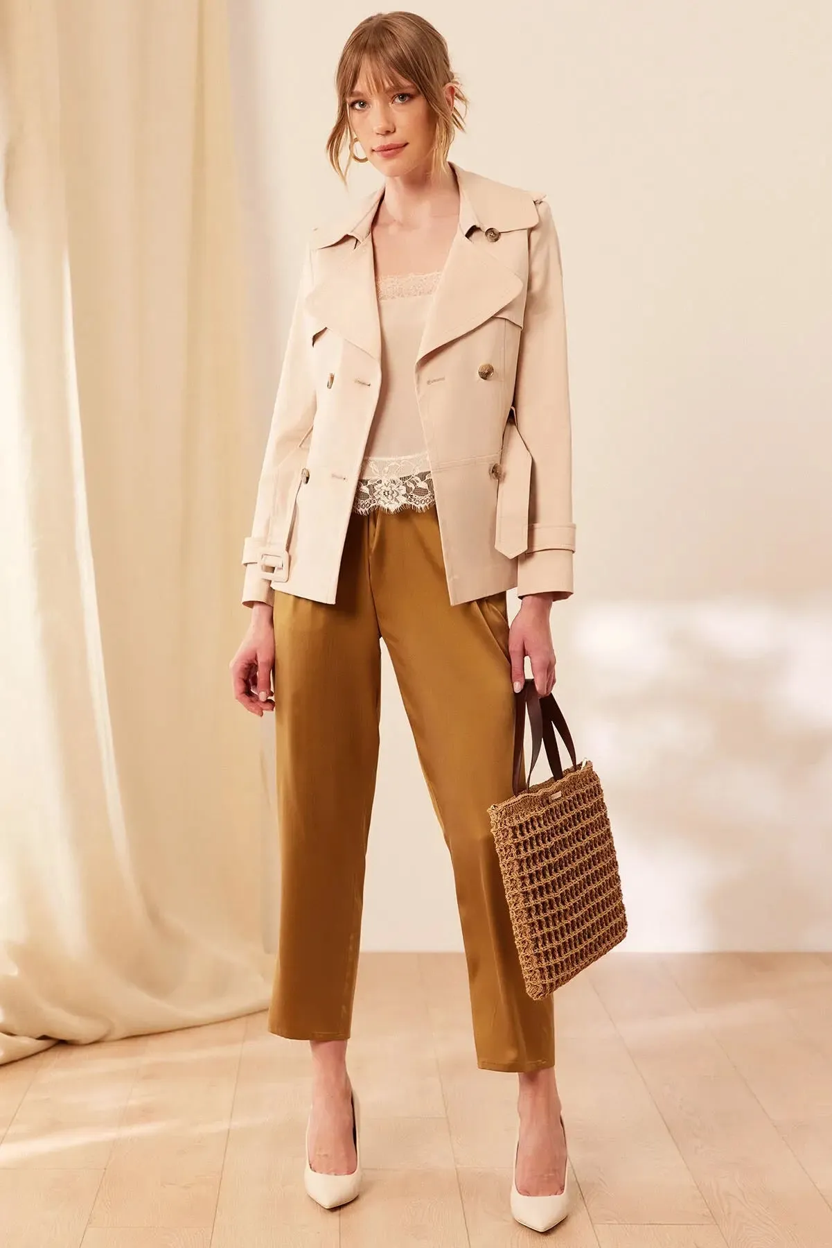 Beige Matilda Cotton Short Trench Coat