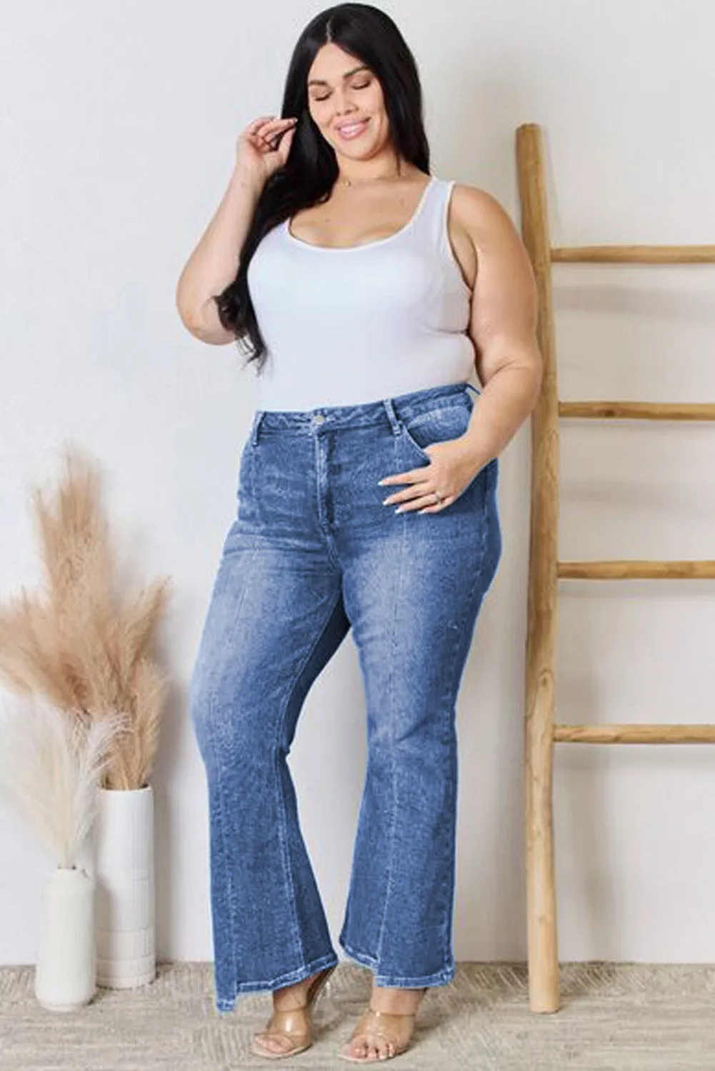 Blue Plus Size Exposed Seam High Waist Flare Jeans