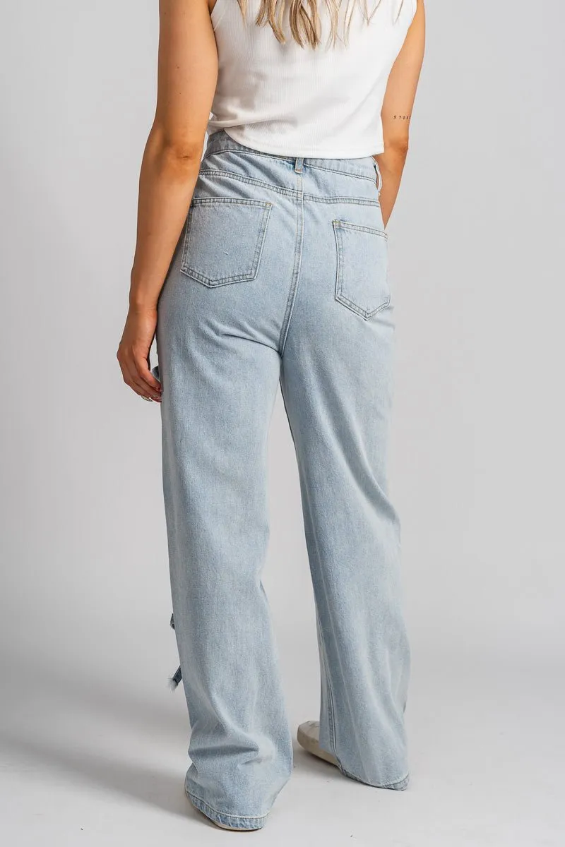 Bow detail wide leg jeans light denim