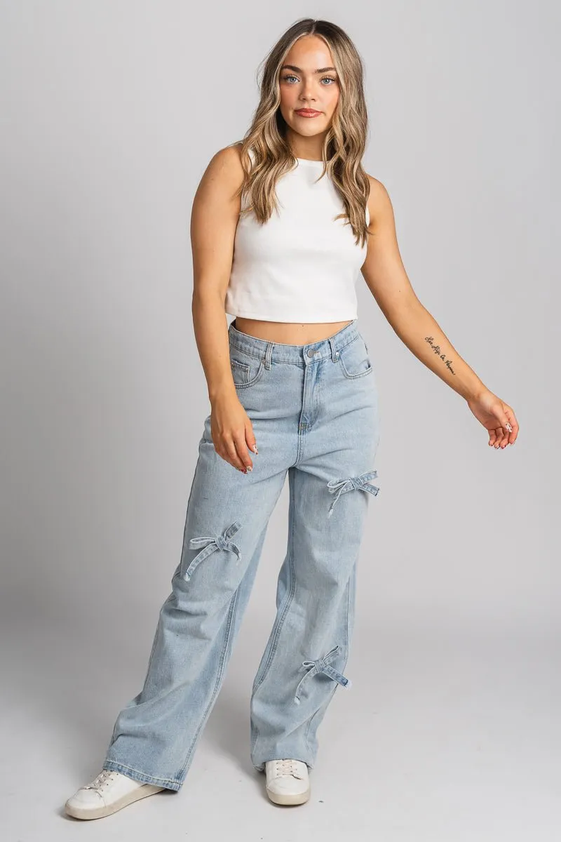 Bow detail wide leg jeans light denim