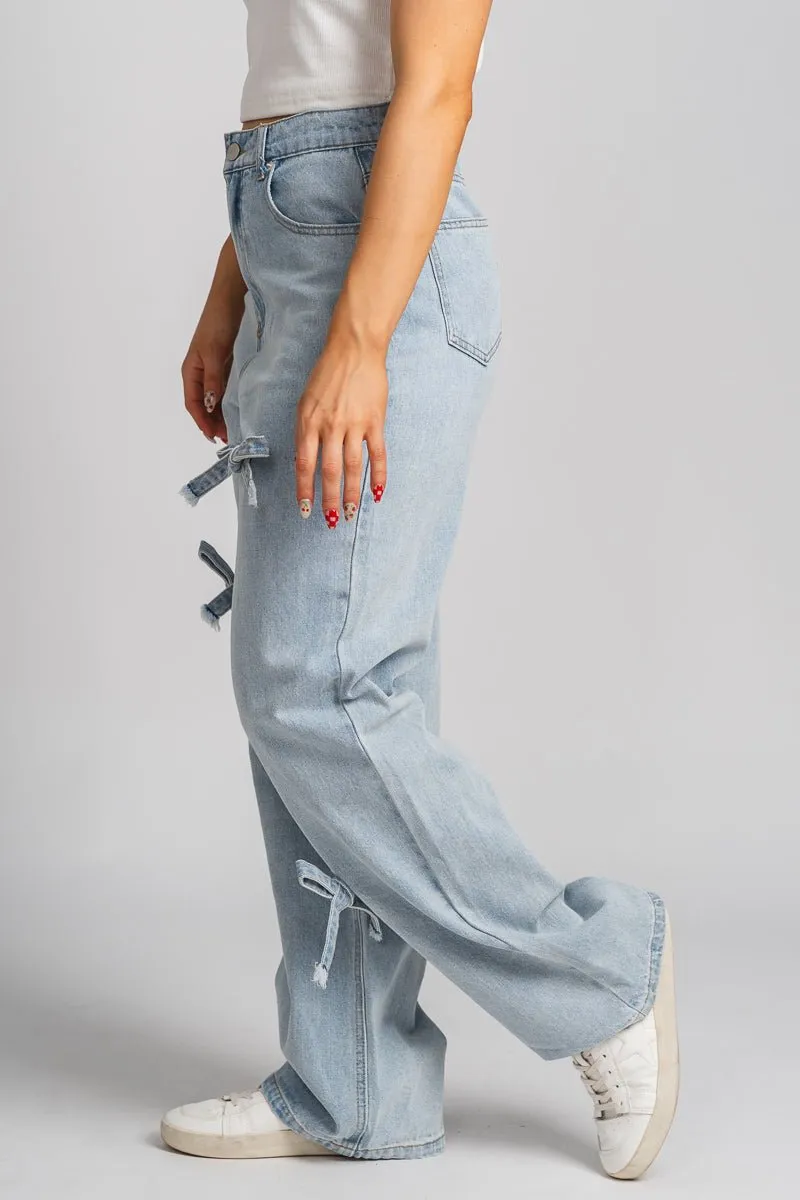 Bow detail wide leg jeans light denim