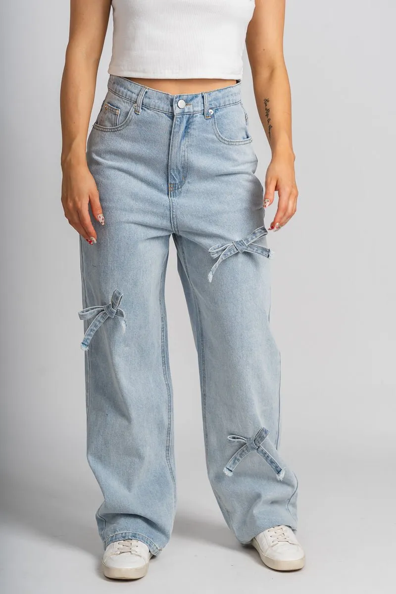 Bow detail wide leg jeans light denim