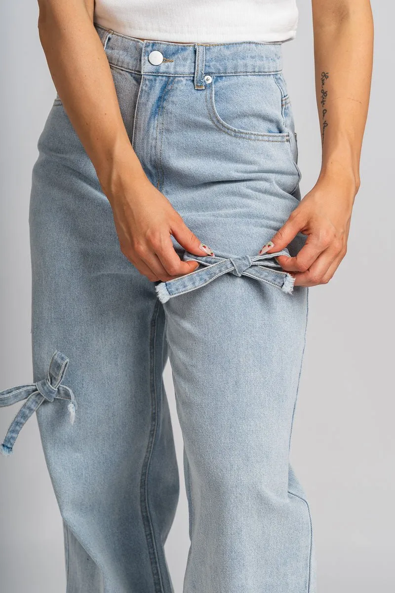 Bow detail wide leg jeans light denim