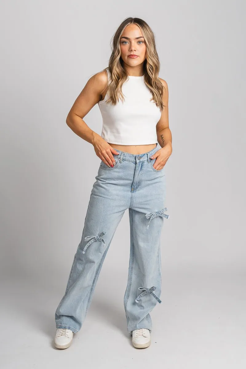 Bow detail wide leg jeans light denim