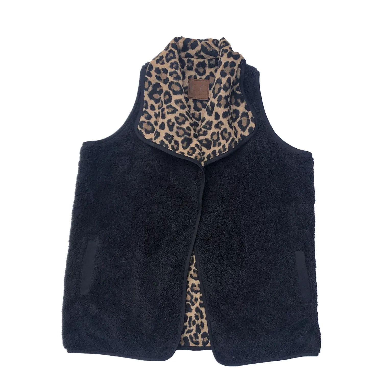 BP-4588 Reversible Leopard and Black Sherpa Vest