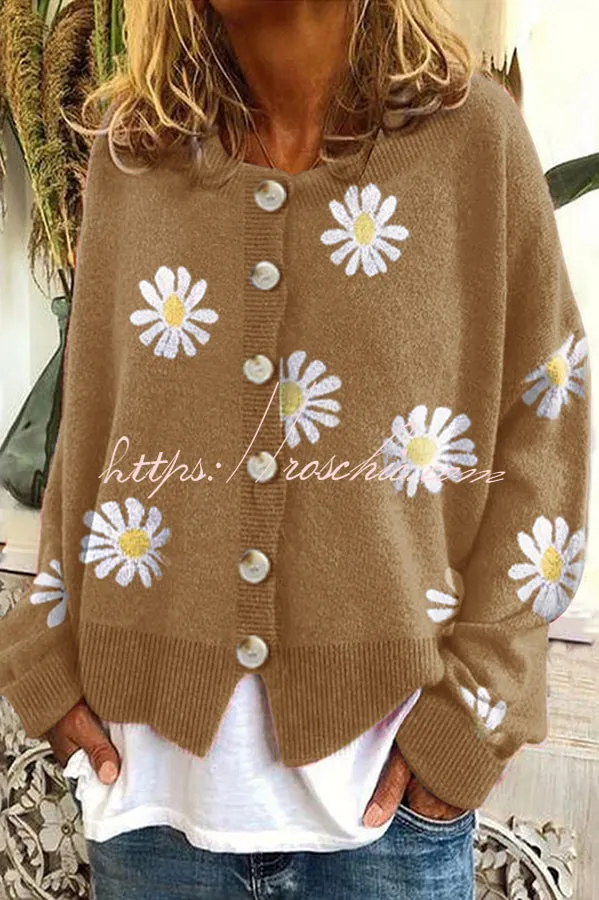 Chrysanthemum Embroidery Knitting Button Down Cardigan Coats