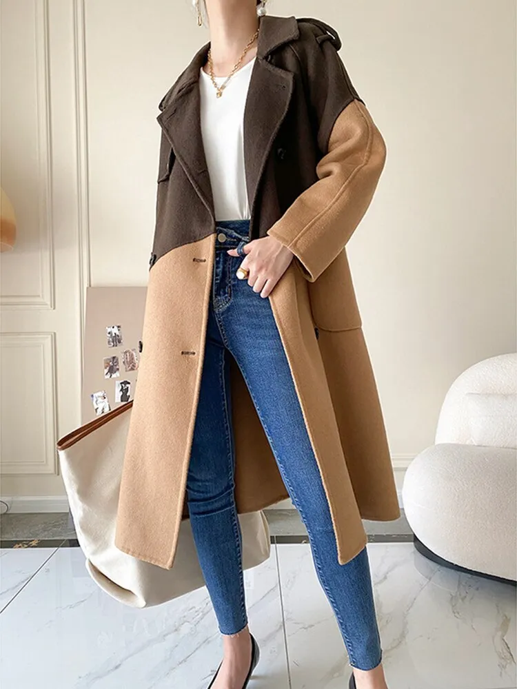 Color Block Patchwork Woolen Parka Coat