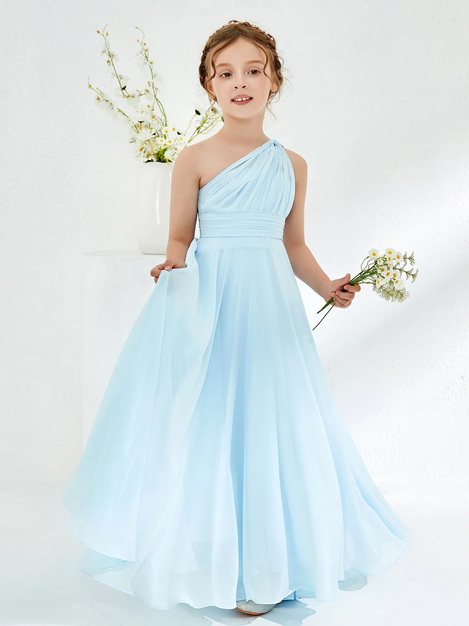 Cute One Shoulder A-line Junior Bridesmaid Dresses Sky Blue