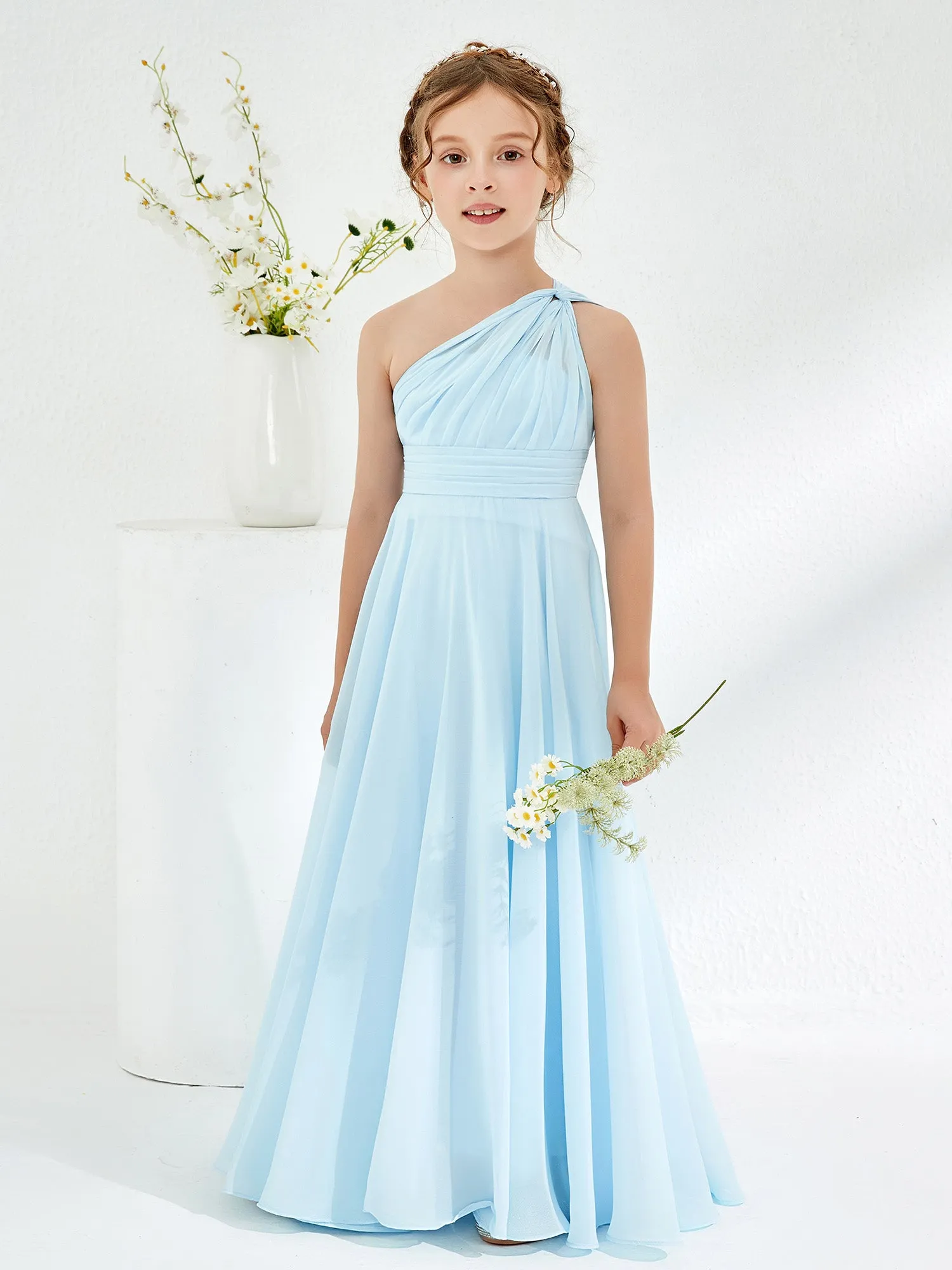 Cute One Shoulder A-line Junior Bridesmaid Dresses Sky Blue