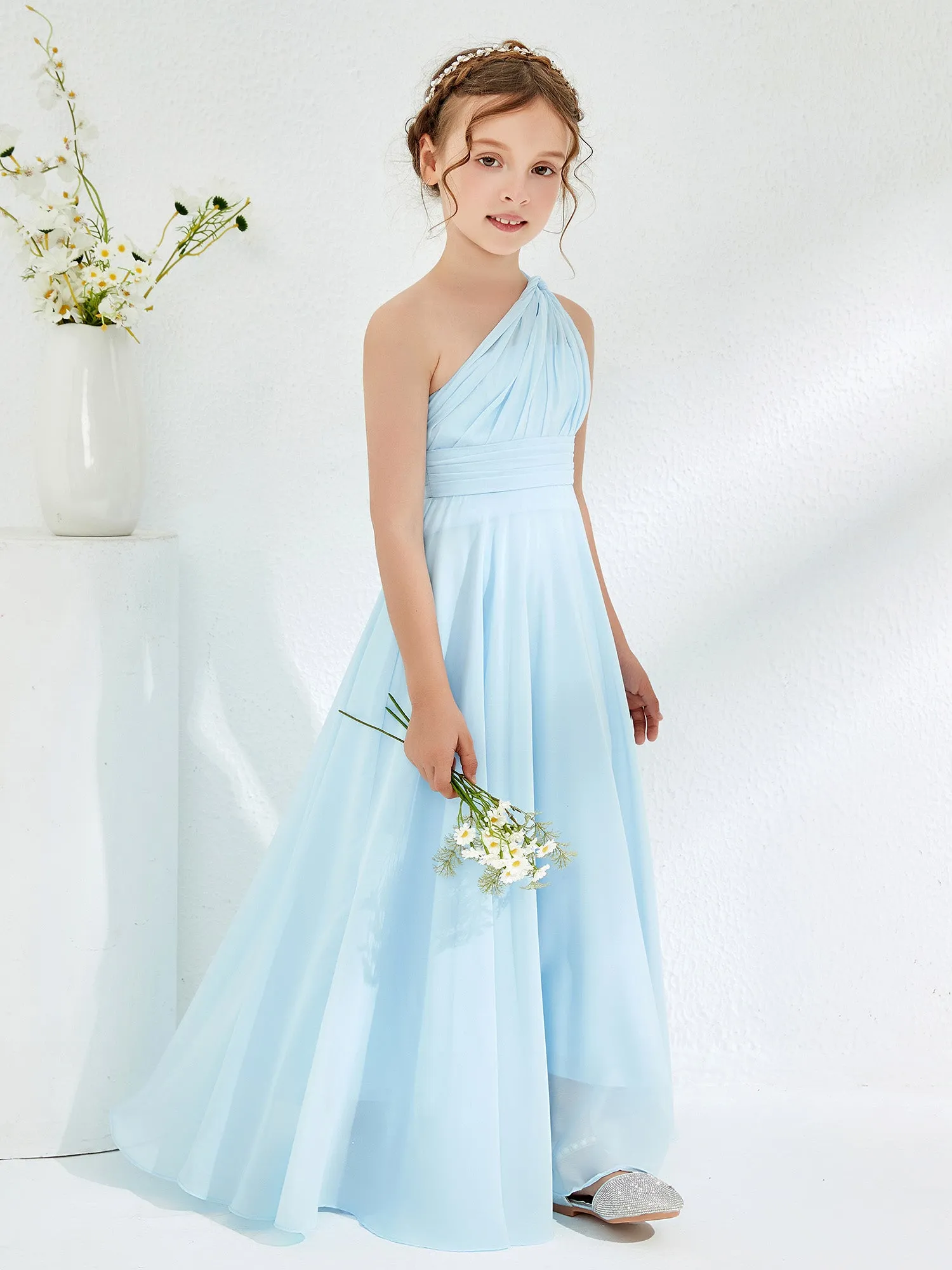 Cute One Shoulder A-line Junior Bridesmaid Dresses Sky Blue