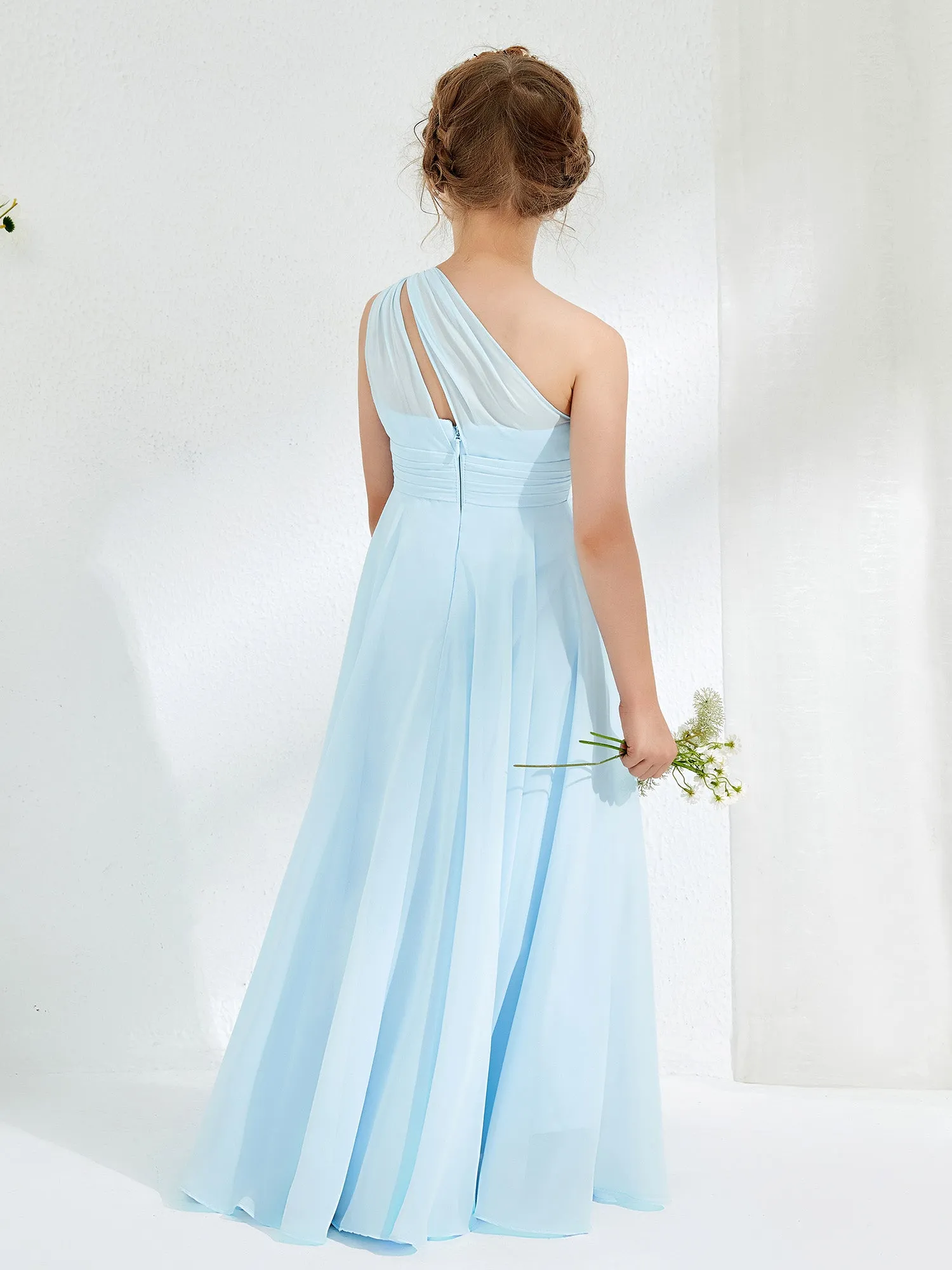 Cute One Shoulder A-line Junior Bridesmaid Dresses Sky Blue