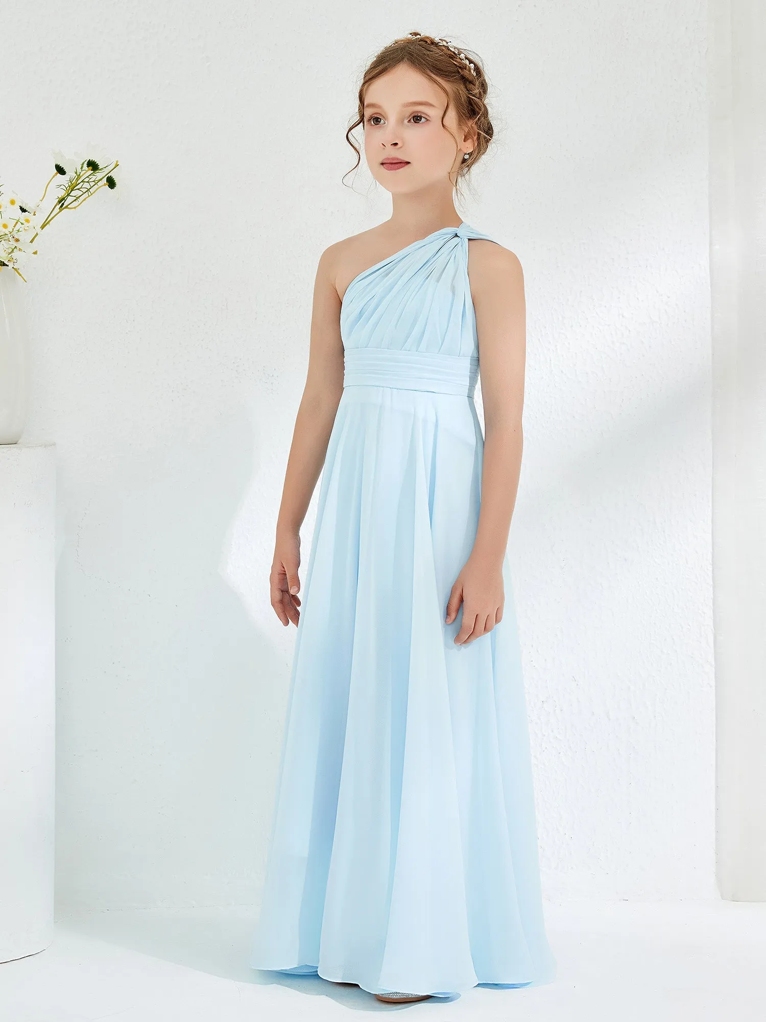 Cute One Shoulder A-line Junior Bridesmaid Dresses Sky Blue