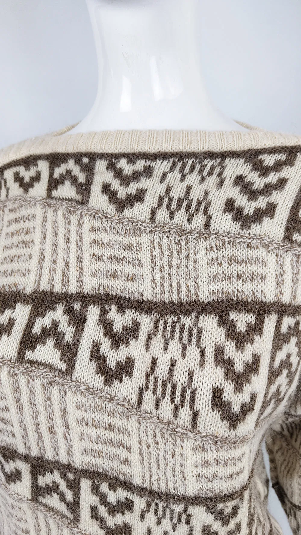 Escada Vintage Cream Alpaca & Wool Knit Patchwork Sweater, 1980s