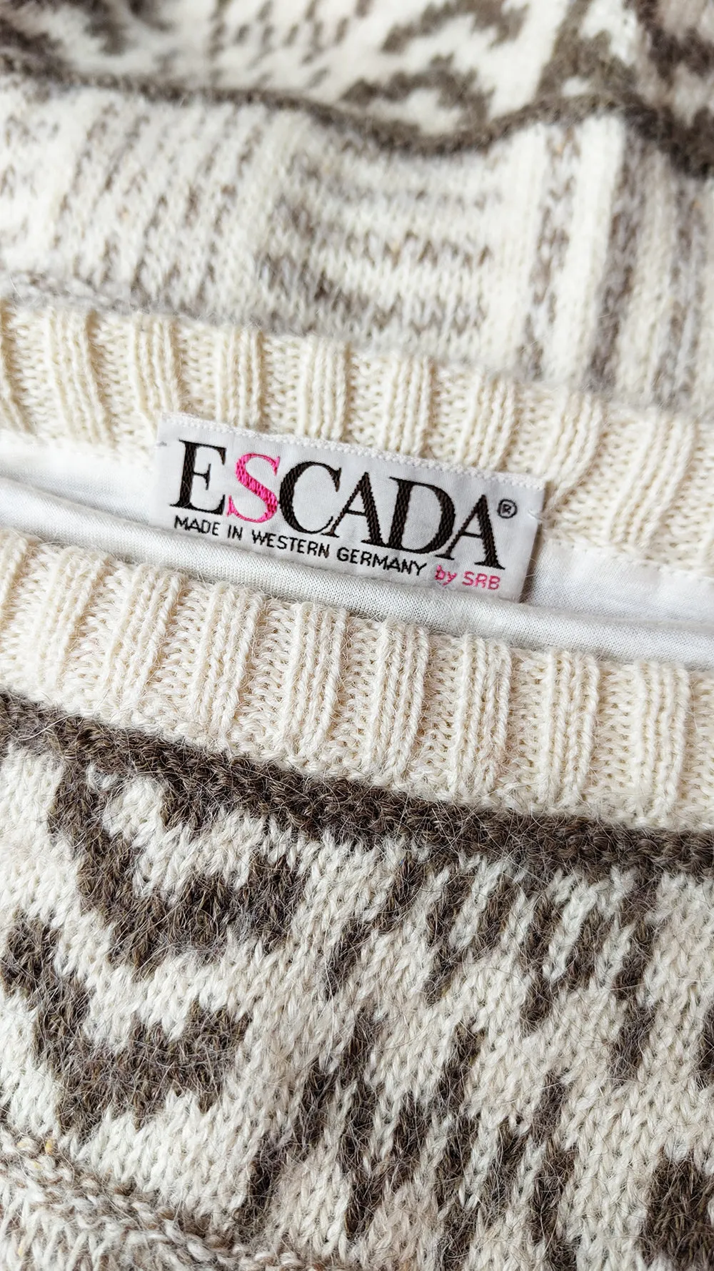 Escada Vintage Cream Alpaca & Wool Knit Patchwork Sweater, 1980s