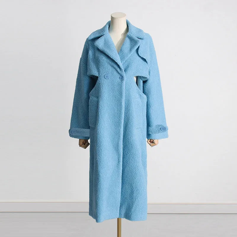 Fall Hollowed out Design Twisted Waist Slimming Long Blue Plush Coat for Women