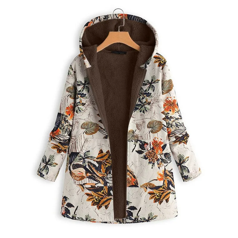 Floral Print Long Sleeve Hooded Winter Coat