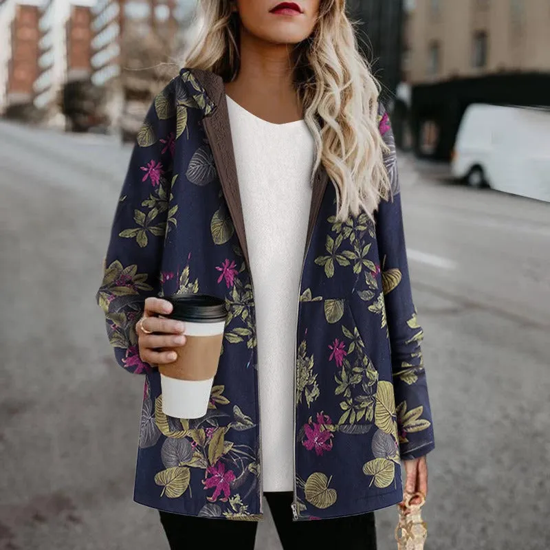 Floral Print Long Sleeve Hooded Winter Coat