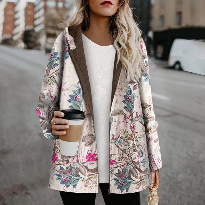 Floral Print Long Sleeve Hooded Winter Coat