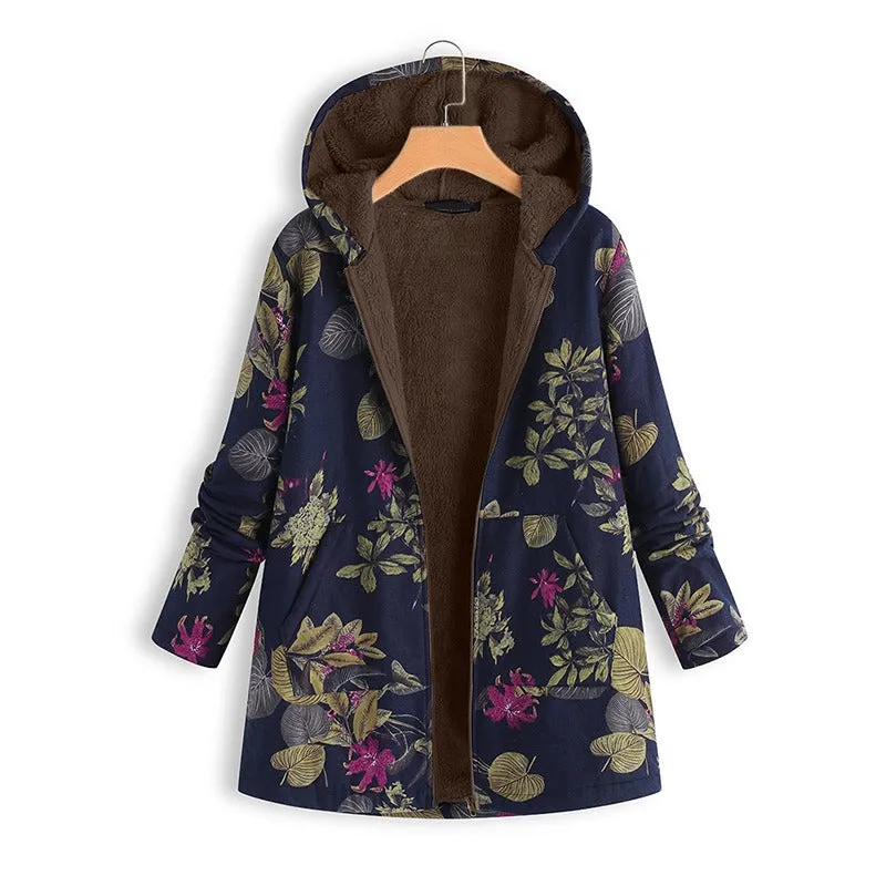 Floral Print Long Sleeve Hooded Winter Coat