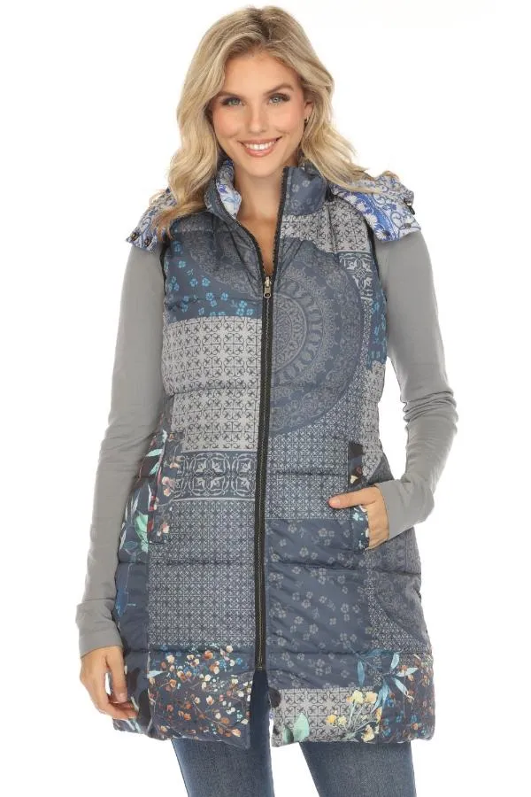 Johnny Was Blue Reversible Hooded Long Puffer Vest LL3243