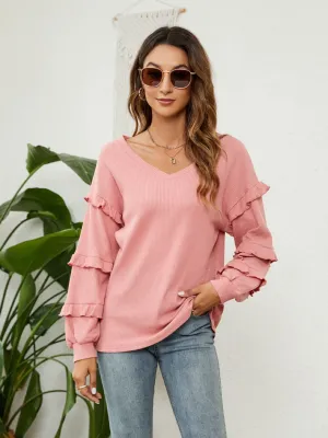 JuliaFashion - 2024 Waffle V-Neck Ruffled Lantern Sleeve Top