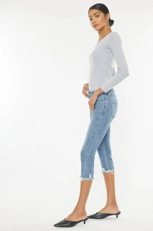 Kancan Mid-Rise Frayed Hem Capri Jeans