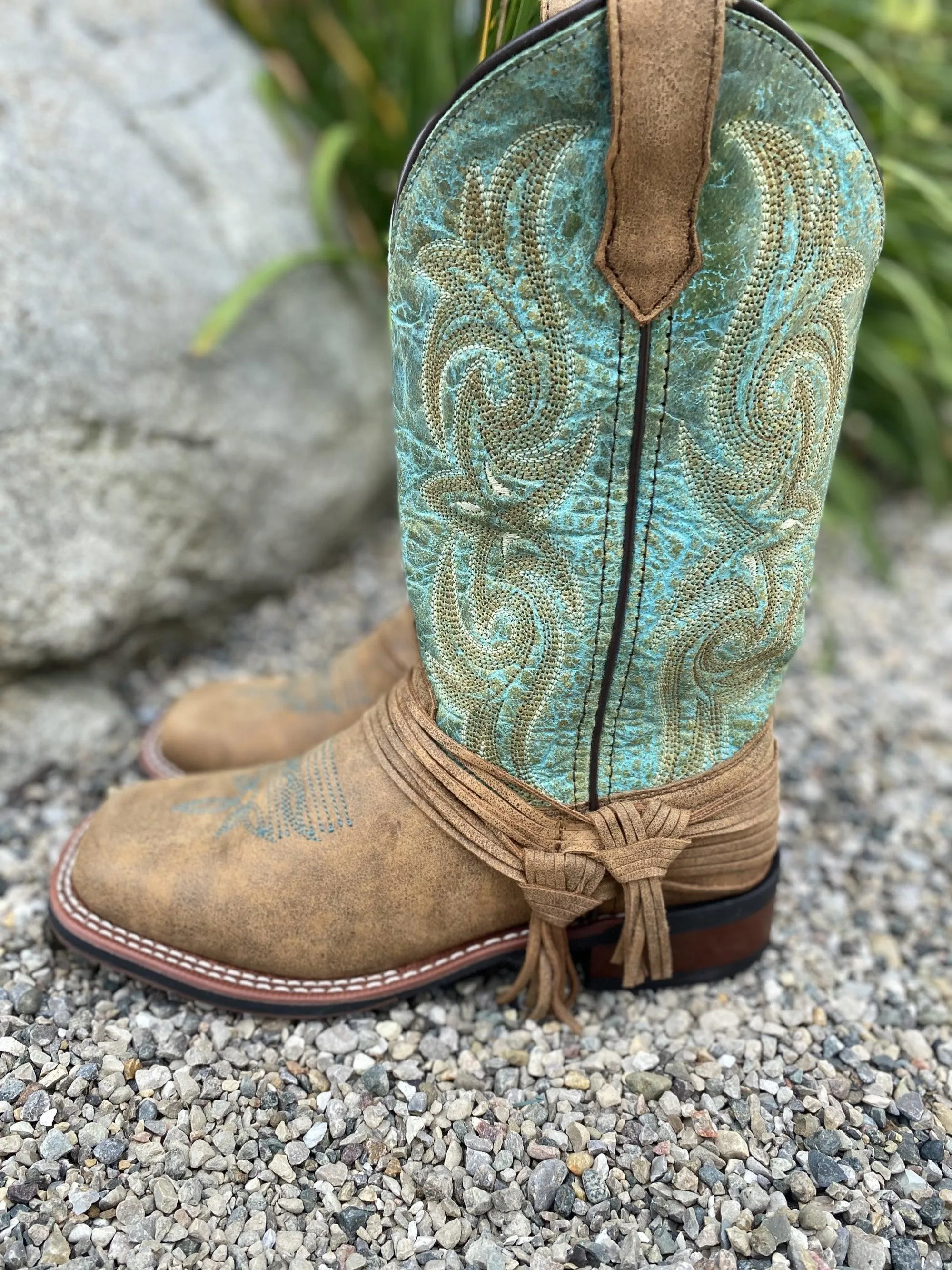 Laredo Women's Sadie Tan & Turquoise Square Toe Cowgirl Boots 5847