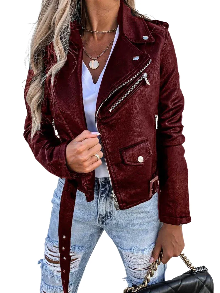 Leather Jacket for Women 2023 Long Sleeve Zipper Pockets Moto Crop Jacket Coats Street wear Fashion Biker Casual Coats