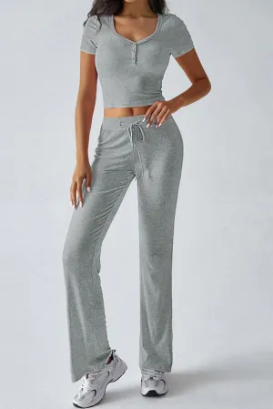 Light Grey Cropped Slim Fit Tee and Drawstring Waisted Pants Set