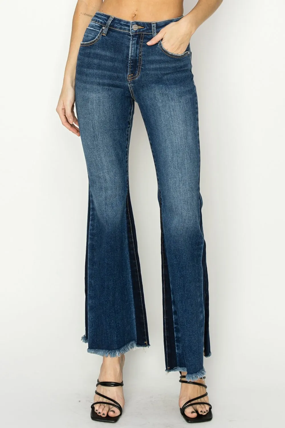 Liza High Rise Side Shadow Seam Detail Slit Flare Jeans