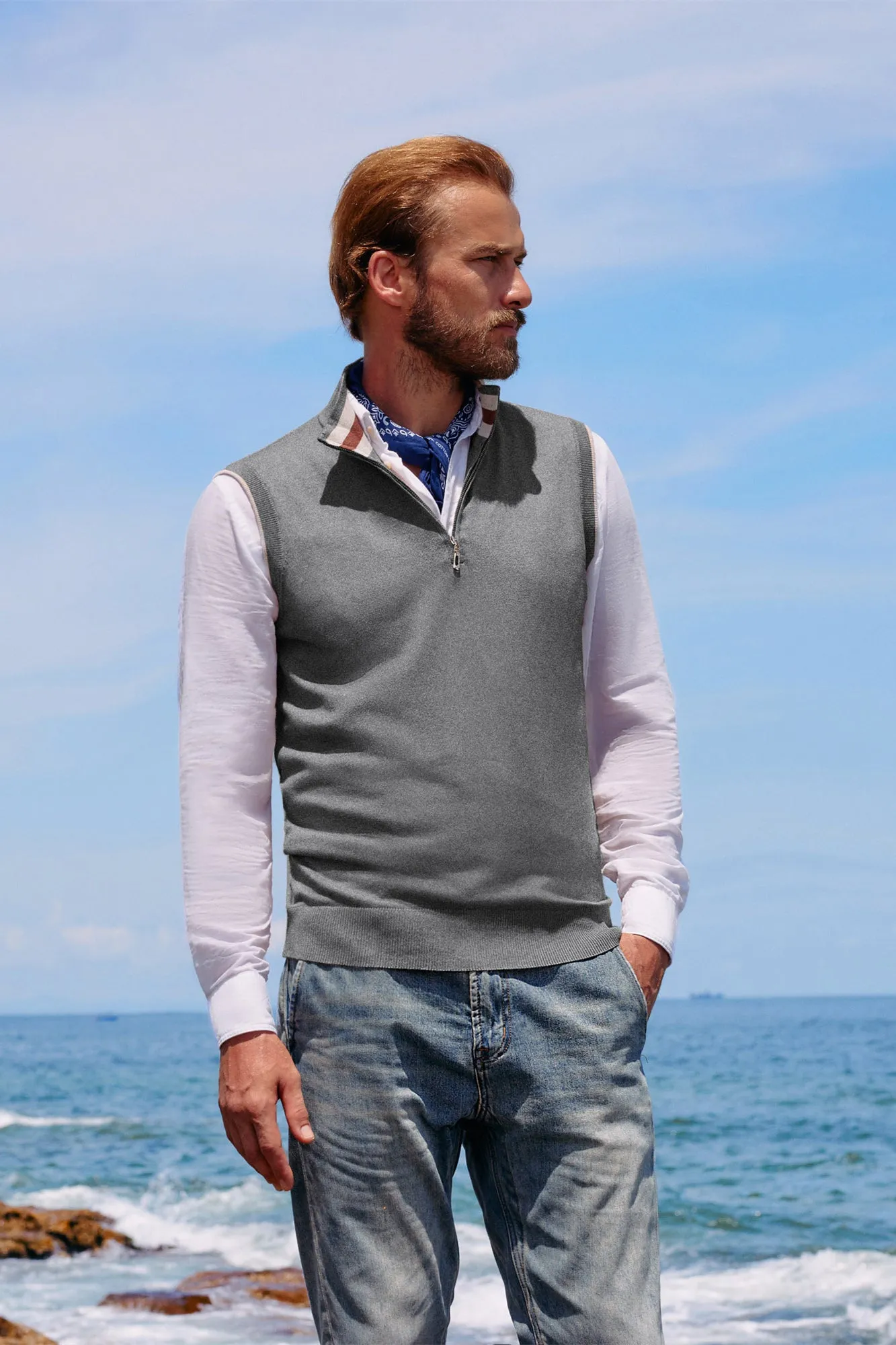 Men Stand Collar Sweater Vest Sleeveless Zip-up Neck Pullover Knitwear