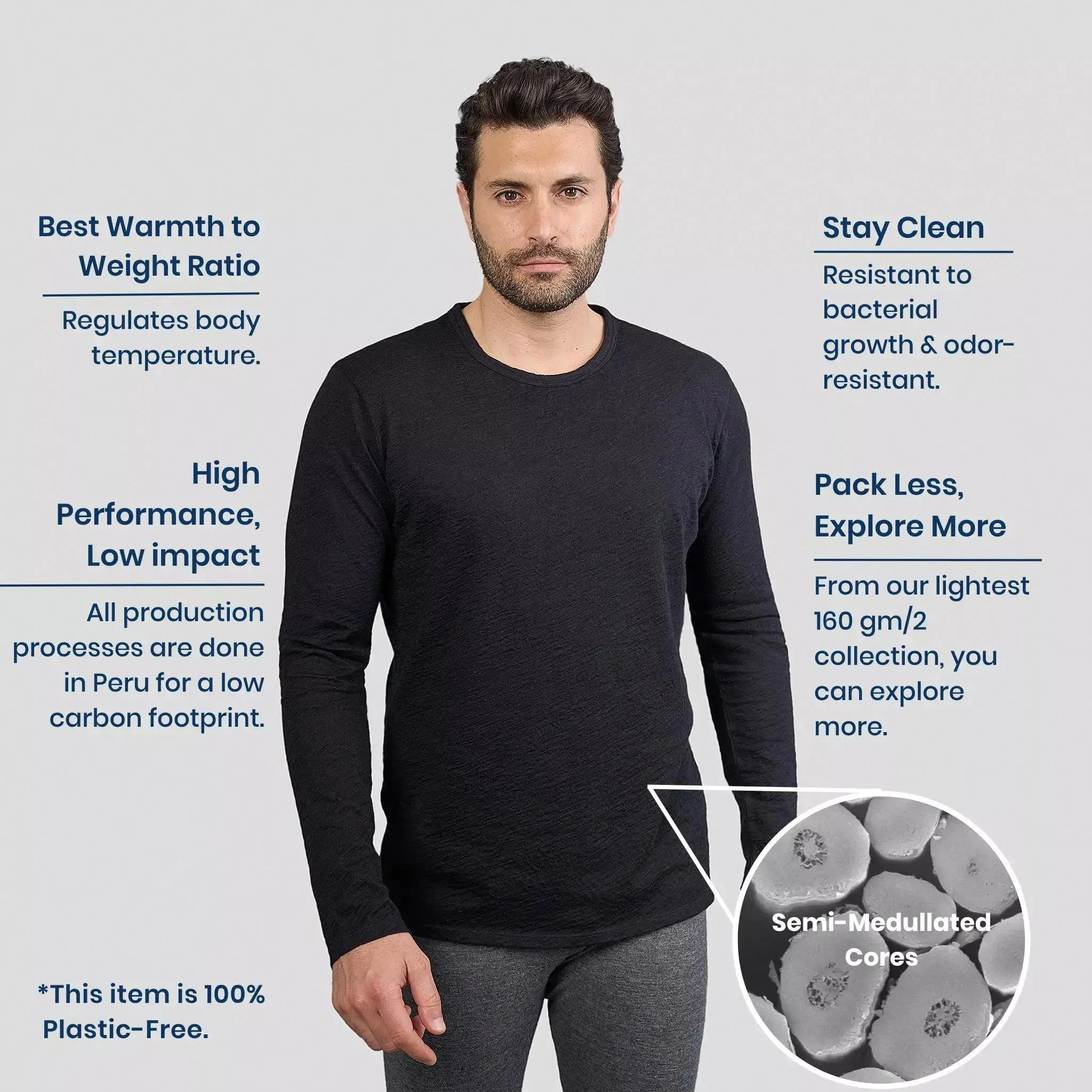 Men's Alpaca Wool Long Sleeve Shirt: 160 Ultralight