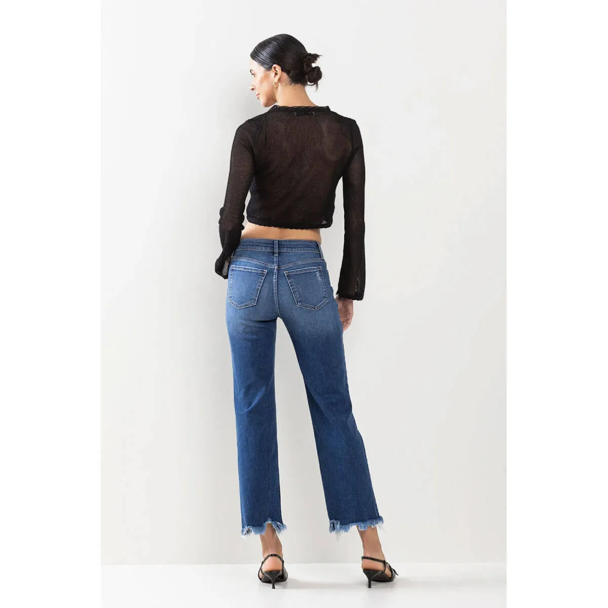 Mid Rise Straight Leg Distressed Hem Jeans