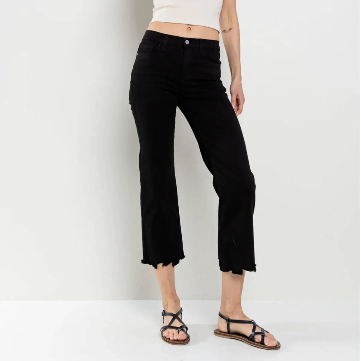 Mid Rise Straight Leg Distressed Hem Jeans