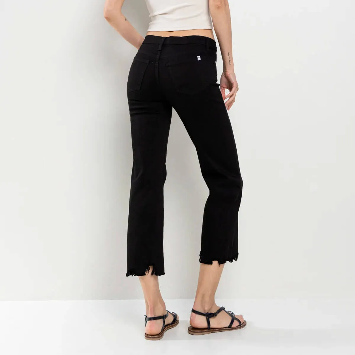 Mid Rise Straight Leg Distressed Hem Jeans