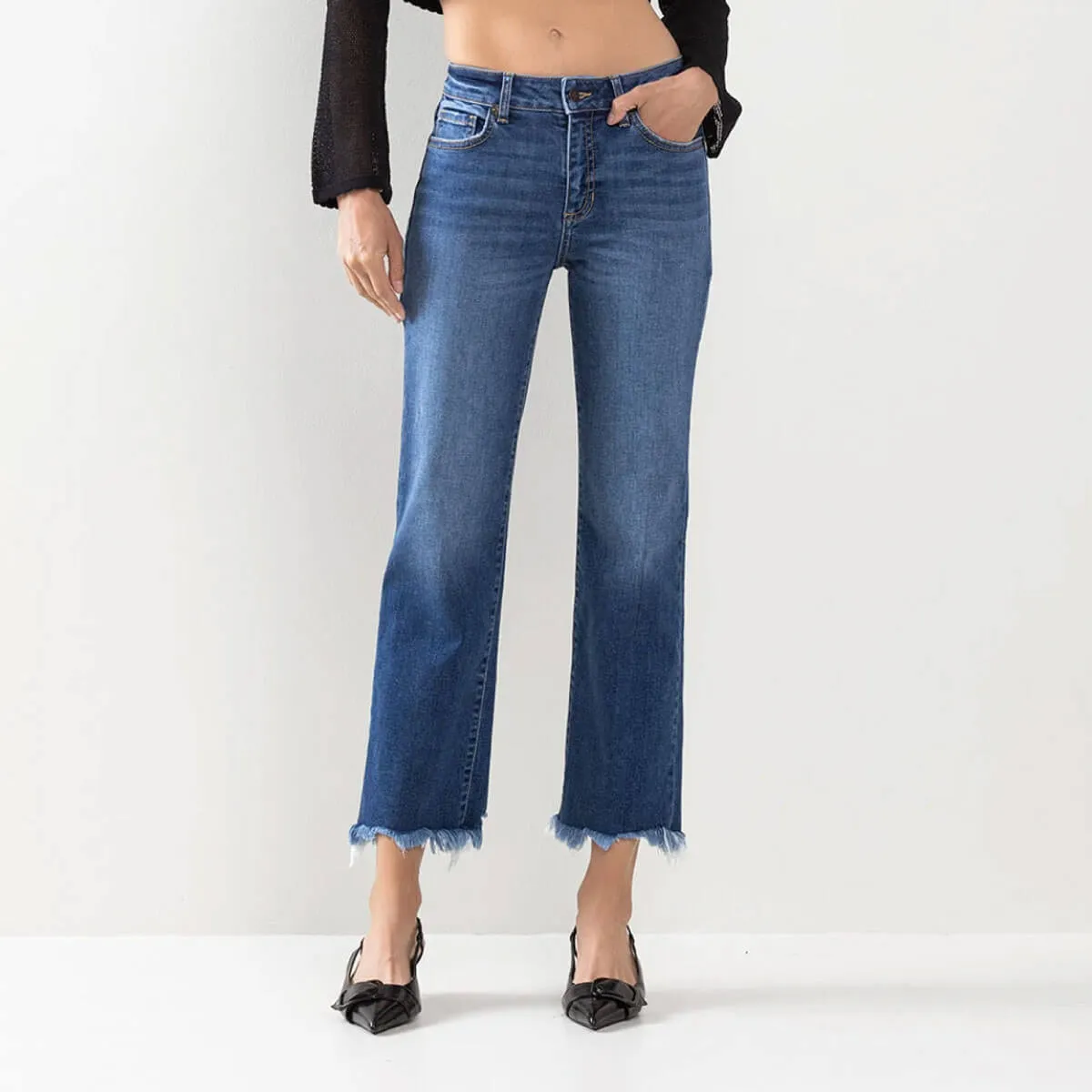 Mid Rise Straight Leg Distressed Hem Jeans