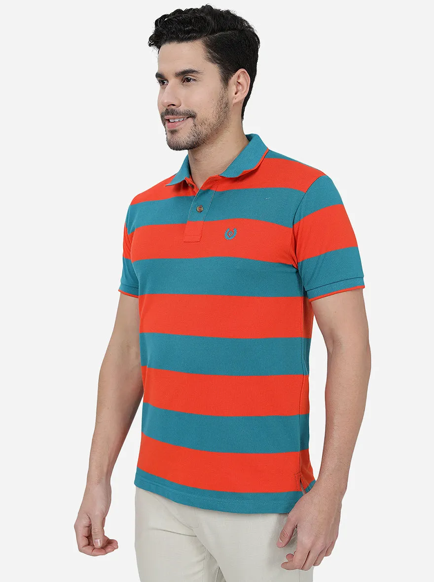 Orange & Blue Striped Slim Fit Polo T-Shirt | Greenfibre