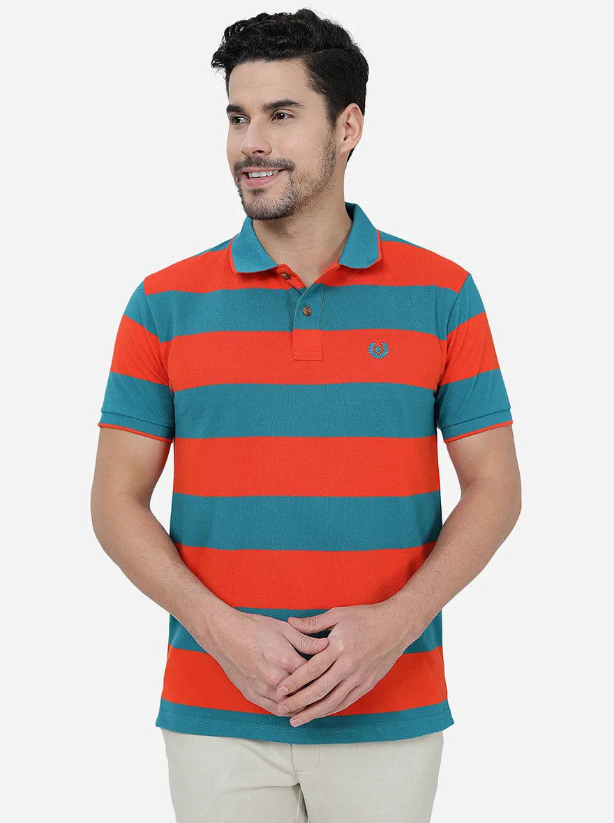 Orange & Blue Striped Slim Fit Polo T-Shirt | Greenfibre