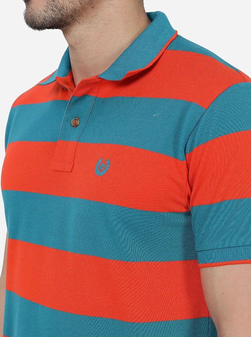 Orange & Blue Striped Slim Fit Polo T-Shirt | Greenfibre