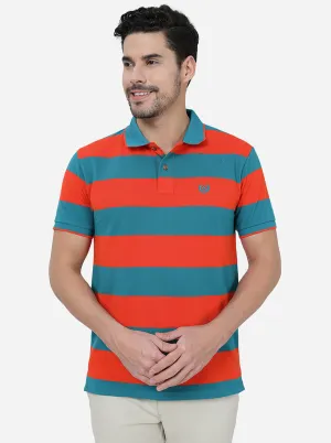 Orange & Blue Striped Slim Fit Polo T-Shirt | Greenfibre