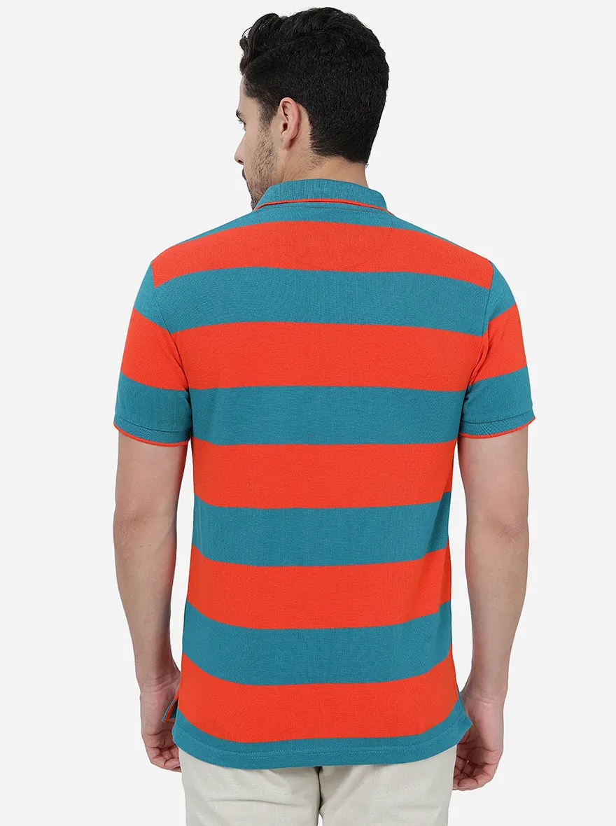 Orange & Blue Striped Slim Fit Polo T-Shirt | Greenfibre