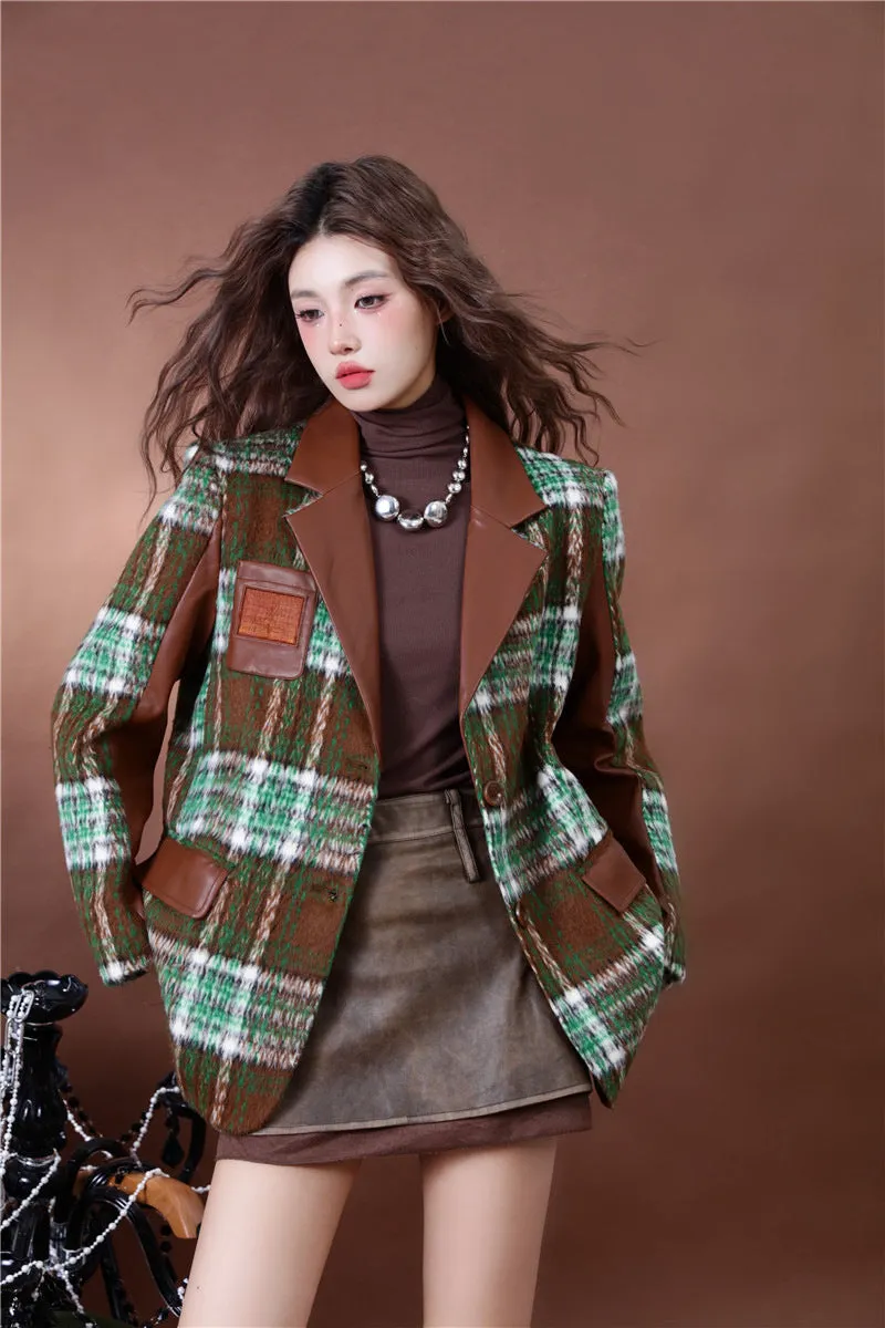 Plaid Patchwork Single-Breasted Parka Coat