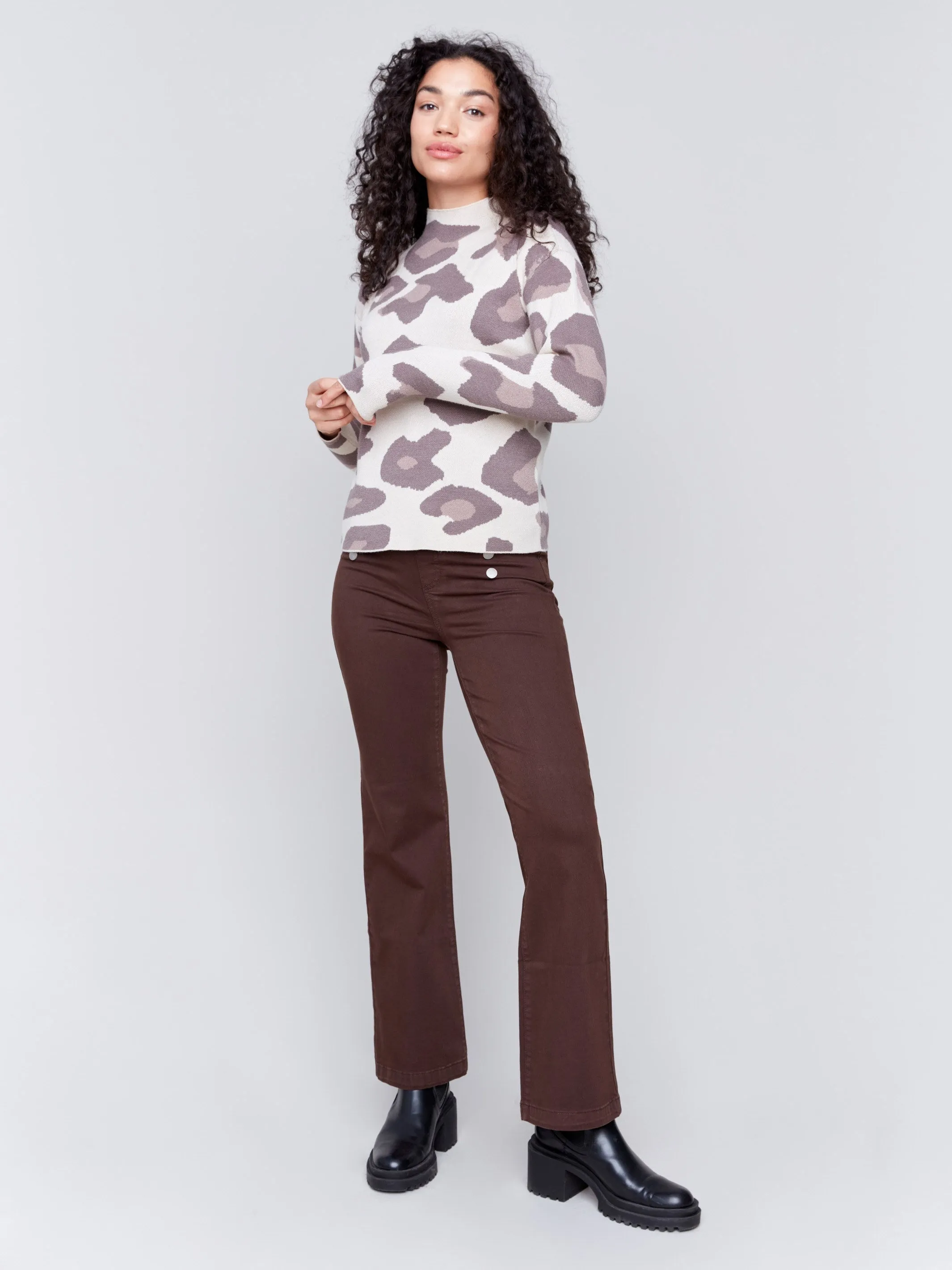 Pull-On Flare Twill Pants with Front Buttons - Mocha